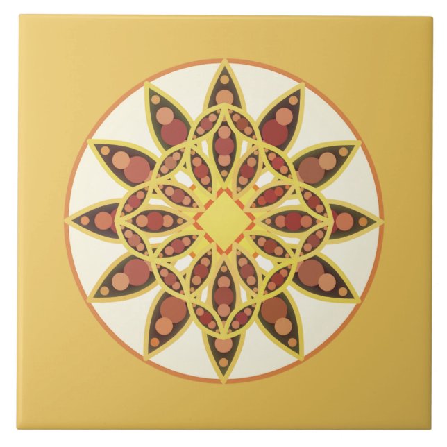 Mandala pattern in chocolate brown and gold ceramic tile (Front)