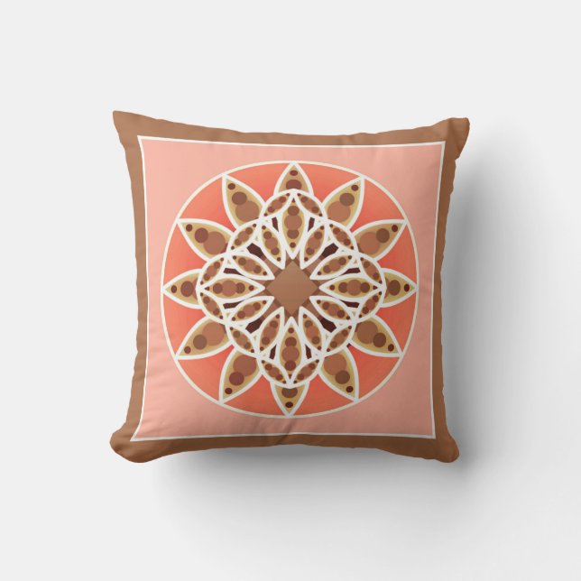 Mandala pattern in chocolate, caramel and coral cushion (Front)