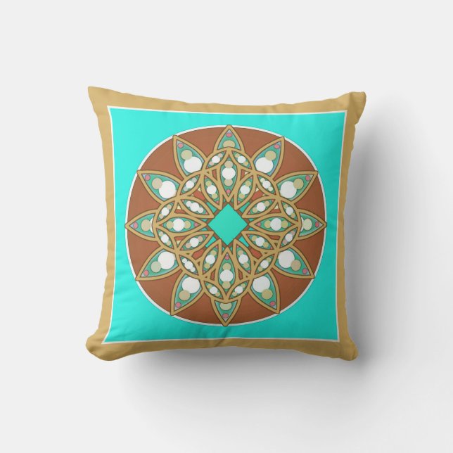 Mandala pattern in chocolate, tan and turquoise cushion (Front)