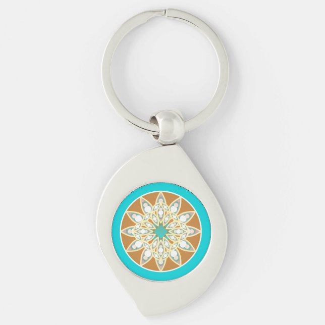 Mandala pattern in chocolate, tan and turquoise key ring (Front)