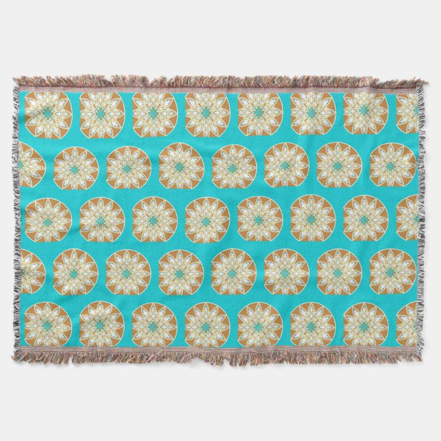 Mandala pattern in chocolate, tan and turquoise throw blanket (Front)