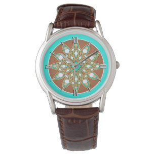 Mandala pattern in chocolate, tan and turquoise watch