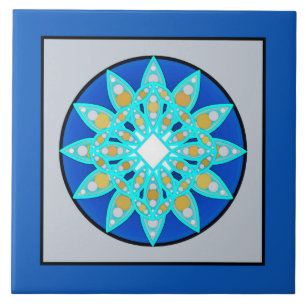 Mandala Pattern in Cobalt Blue and Gray / Grey Ceramic Tile