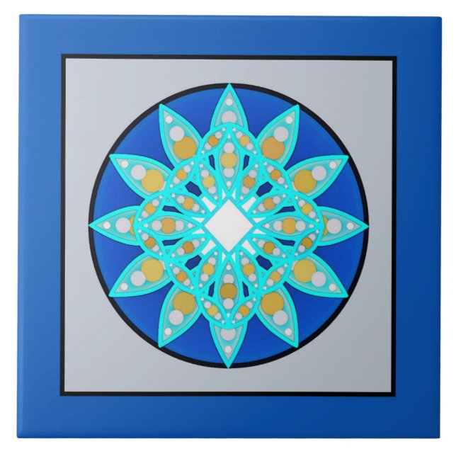 Mandala Pattern in Cobalt Blue and Grey / Grey Ceramic Tile (Front)