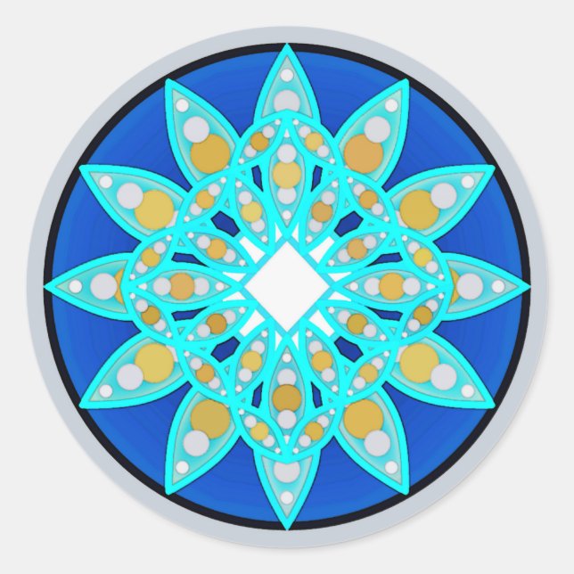 Mandala pattern in cobalt, grey and turquoise classic round sticker (Front)