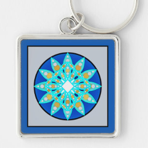 Mandala pattern in cobalt, grey and turquoise key ring
