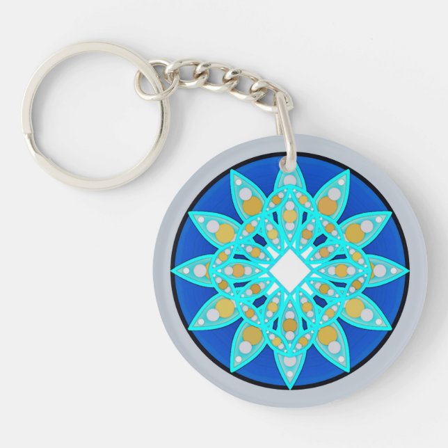 Mandala pattern in cobalt, grey and turquoise key ring (Front)