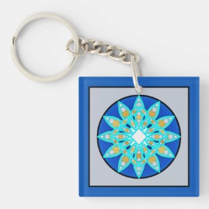 Mandala pattern in cobalt, grey and turquoise key ring