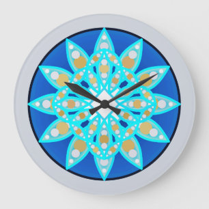Mandala pattern in cobalt, grey and turquoise large clock