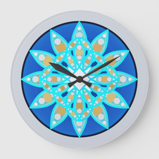 Mandala pattern in cobalt, grey and turquoise large clock (Front)