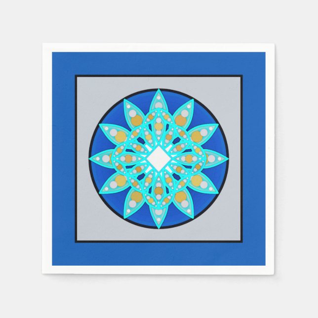 Mandala pattern in cobalt, grey and turquoise napkin (Front)