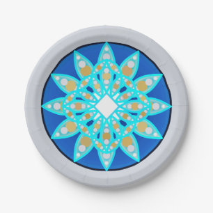 Mandala pattern in cobalt, grey and turquoise paper plate
