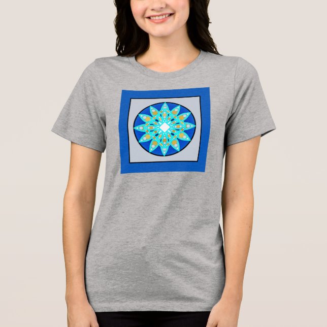 Mandala pattern in cobalt, grey and turquoise Tri-Blend shirt (Front)