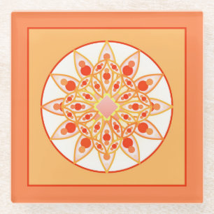 Mandala Pattern in Coral, Orange and Gold Glass Coaster
