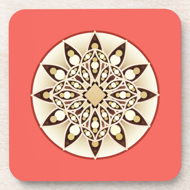 Mandala pattern in coral pink, chocolate and tan coaster (Front)