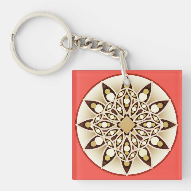 Mandala pattern in coral pink, chocolate and tan key ring (Front)