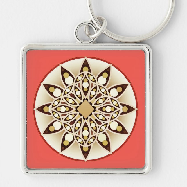Mandala pattern in coral pink, chocolate and tan key ring (Front)
