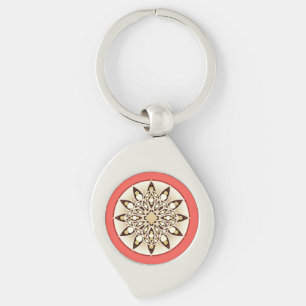 Mandala pattern in coral pink, chocolate and tan key ring