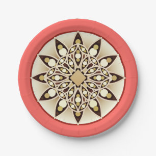 Mandala pattern in coral pink, chocolate and tan paper plate