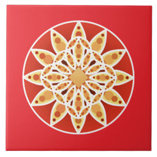 Mandala pattern in coral red, tan and white ceramic tile