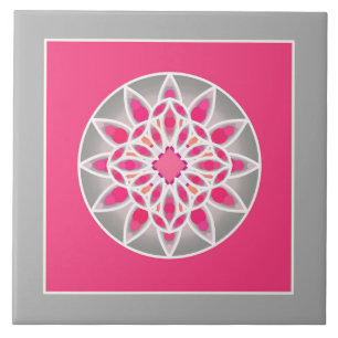 Mandala Pattern in Fuchsia Pink, Grey and White Ceramic Tile