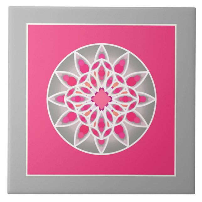 Mandala Pattern in Fuchsia Pink, Grey and White Ceramic Tile (Front)