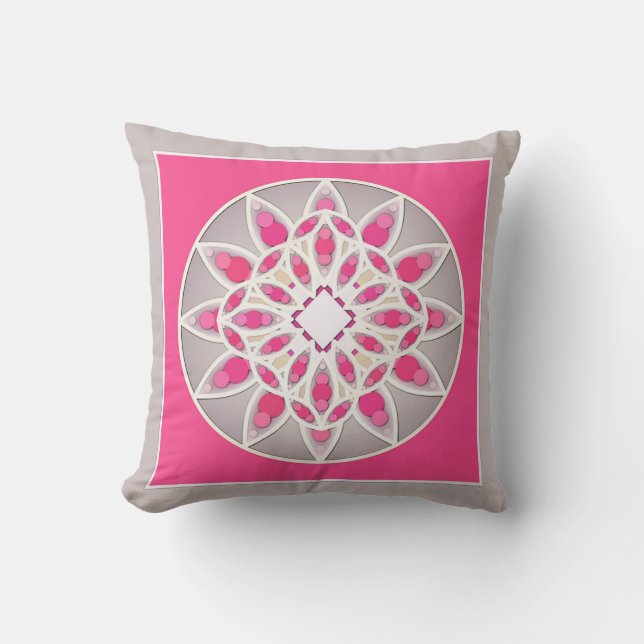 Mandala pattern in fuchsia pink, white and grey cushion (Front)