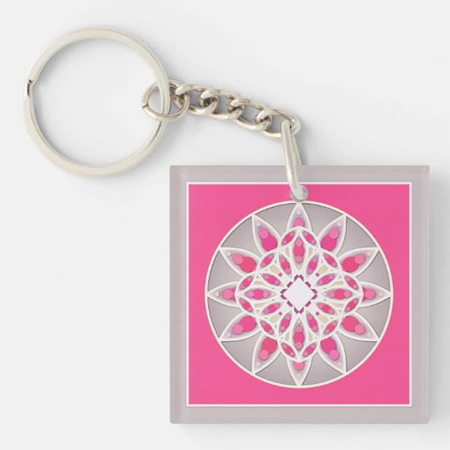 Mandala pattern in fuchsia pink, white and grey key ring (Front)