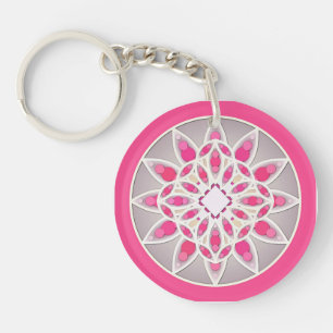 Mandala pattern in fuchsia pink, white and grey key ring