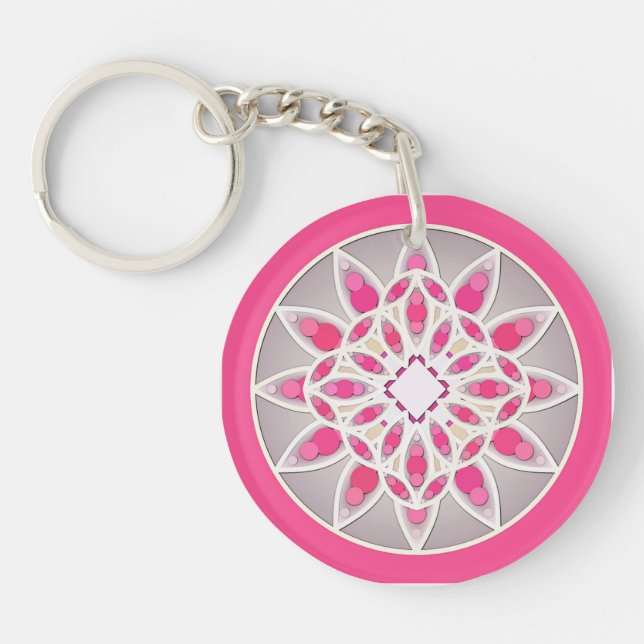Mandala pattern in fuchsia pink, white and grey key ring (Front)