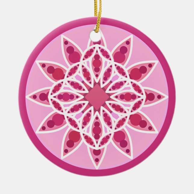Mandala pattern in pink,  fuchsia and white ceramic tree decoration (Front)