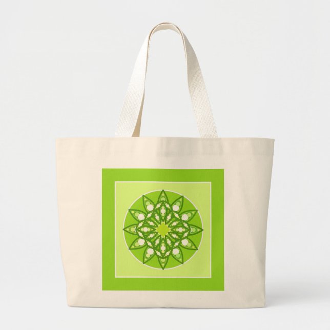 Mandala pattern in shades of lime green large tote bag (Front)