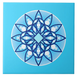 Mandala pattern in sky blue, cobalt & white ceramic tile