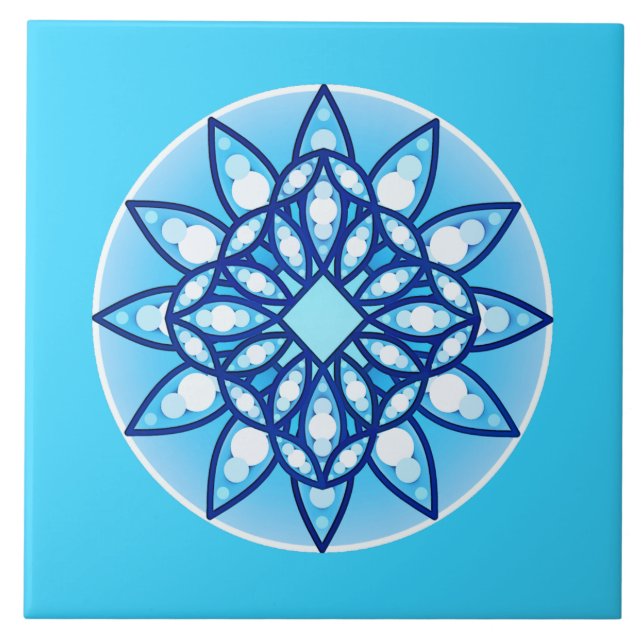 Mandala pattern in sky blue, cobalt & white ceramic tile (Front)