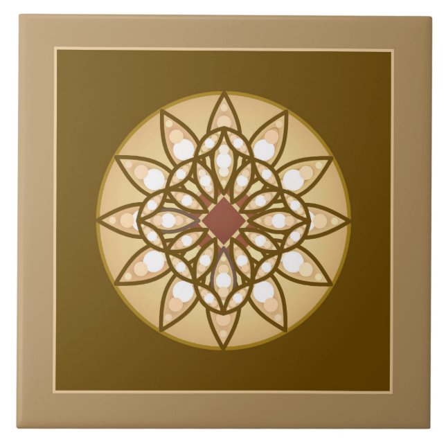 Mandala pattern in Tan, Cream and Chocolate Brown Ceramic Tile (Front)