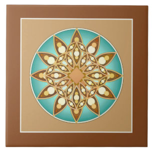 Mandala pattern in tan, cream and turquoise ceramic tile