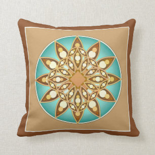 Mandala pattern in tan, cream and turquoise cushion