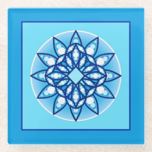 Mandala Pattern in Turquoise and Cobalt Blue Glass Coaster