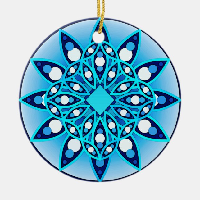 Mandala pattern in turquoise, cobalt & white ceramic ornament (Front)