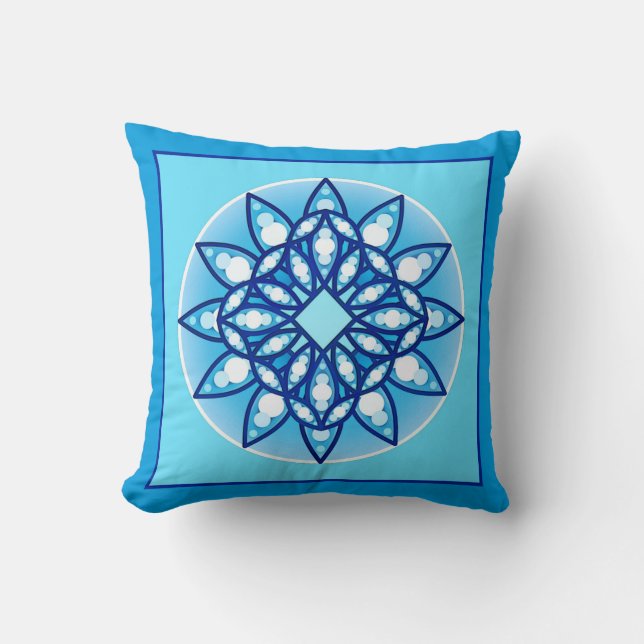 Mandala pattern in turquoise, cobalt & white cushion (Front)