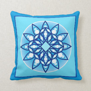 Mandala pattern in turquoise, cobalt & white cushion