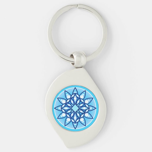 Mandala pattern in turquoise, cobalt & white key ring (Front)