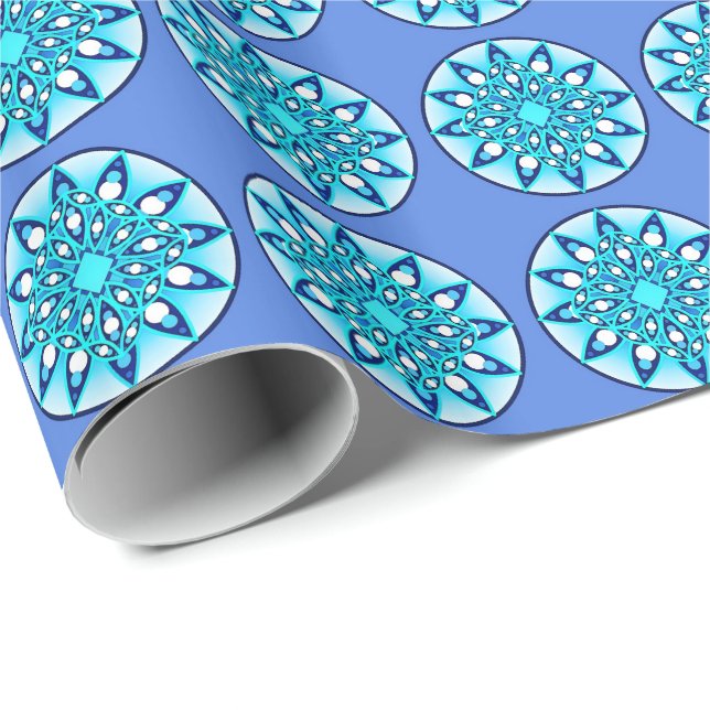 Mandala pattern in turquoise, cobalt & white wrapping paper (Roll Corner)