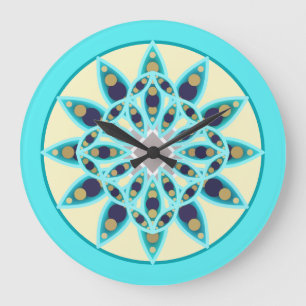 Mandala pattern in turquoise, cream, and navy large clock