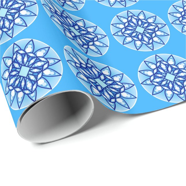 Mandala pattern in turquoise, navy and white wrapping paper (Roll Corner)