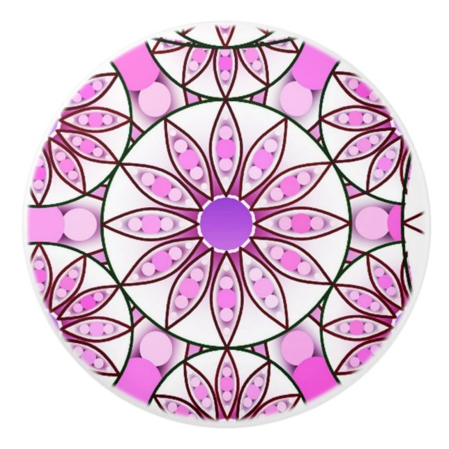 Mandala pattern, lavender, pink, hot pink, white ceramic knob (Front)