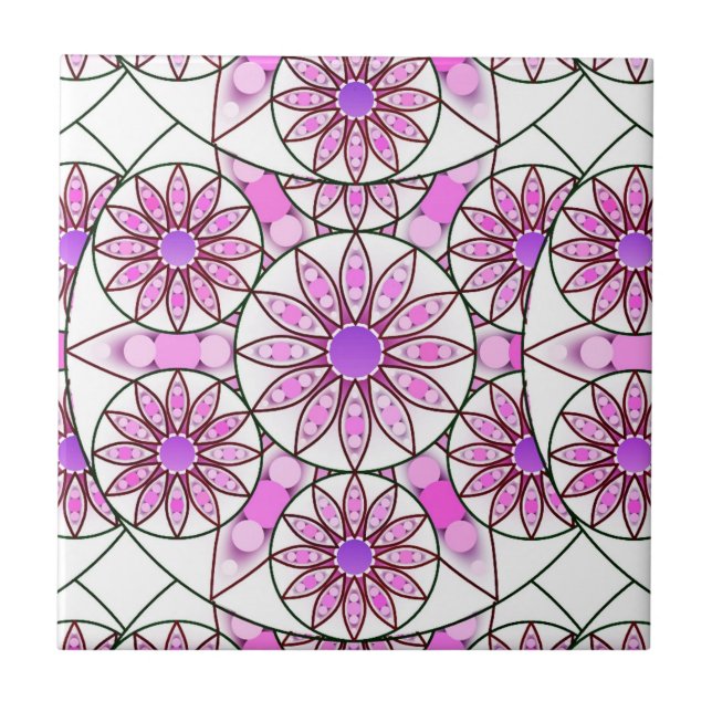 Mandala pattern, lavender, pink, hot pink, white ceramic tile (Front)