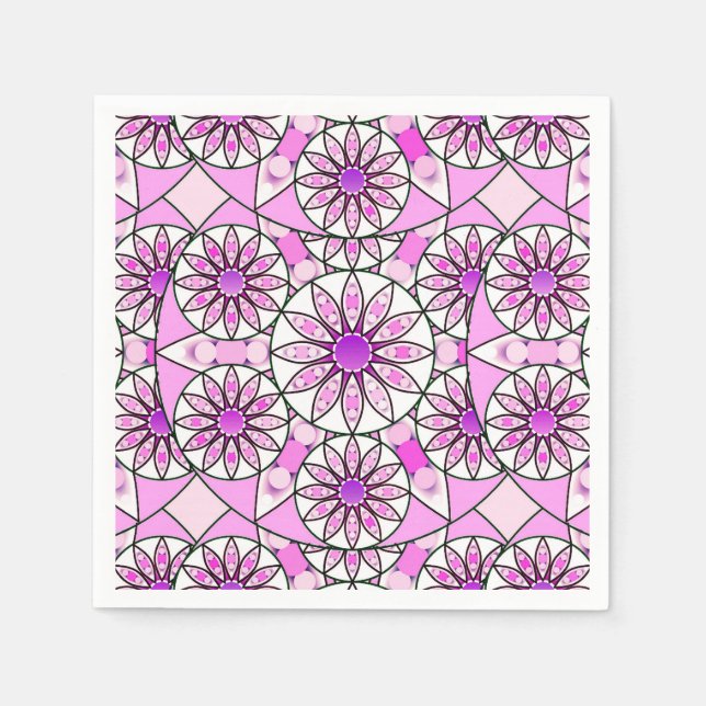 Mandala pattern, lavender, pink, hot pink, white napkin (Front)