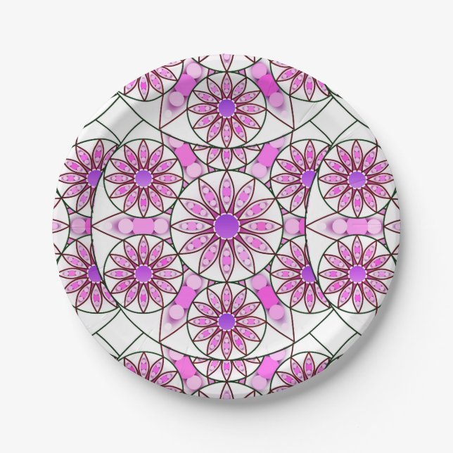 Mandala pattern, lavender, pink, hot pink, white paper plate (Front)