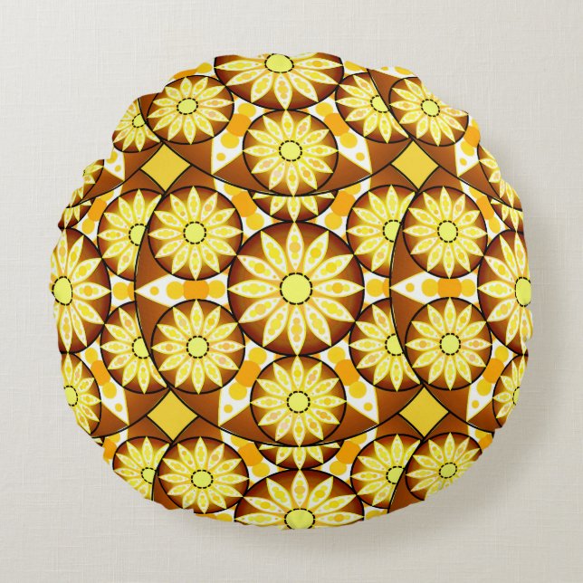 Mandala pattern, shades of brown and gold round cushion (Front)